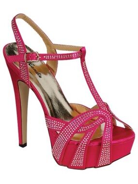 Pink Rhinestone T-strap Platform High Heel Sandals - size 6.5